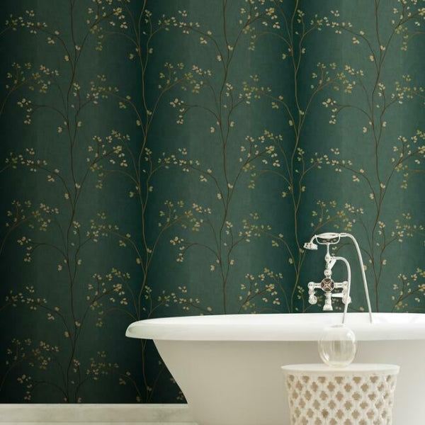 Vertical Blossoms Teal Metallic Wallpaper