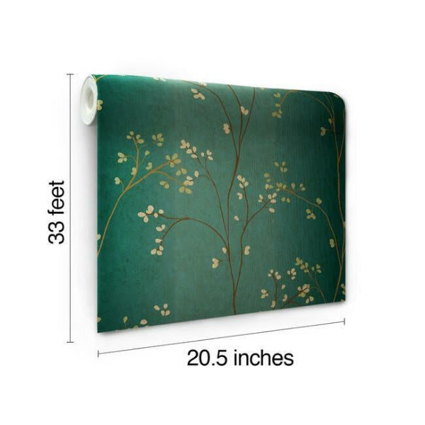 Vertical Blossoms Teal Metallic Wallpaper