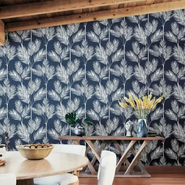 King Palm Silhouette Navy Wallpaper
