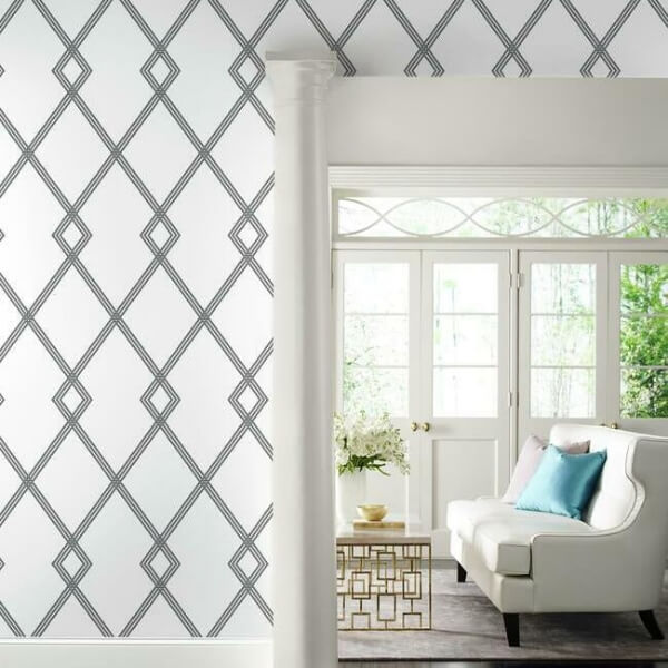 Ribbon Stripe Trellis White & Black Wallpaper