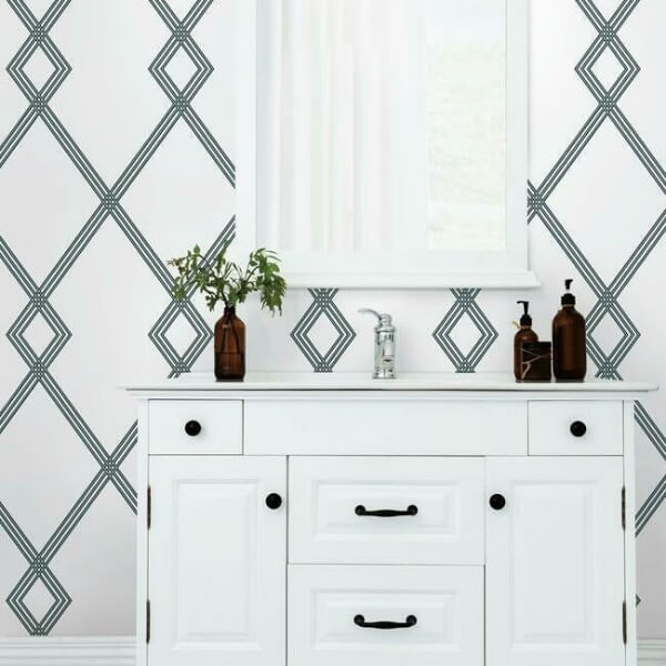 Ribbon Stripe Trellis White & Black Wallpaper