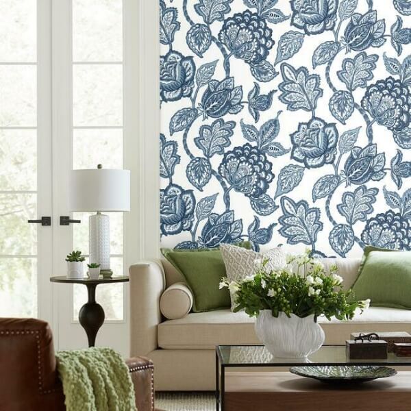 White & Blue Midsummer Jacobean Wallpaper