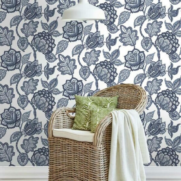 White & Blue Midsummer Jacobean Wallpaper