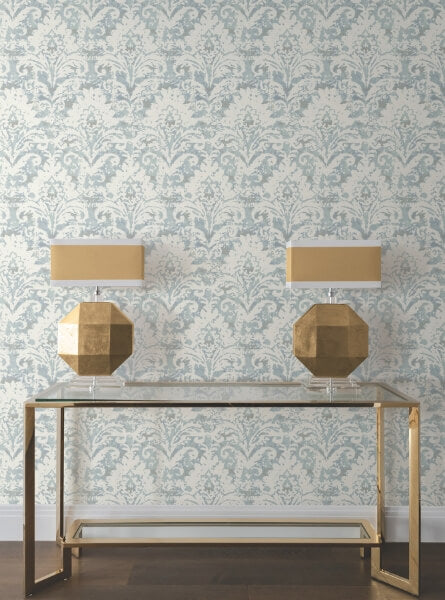 Velvet Crush Damask Blue & Pearl Wallpaper