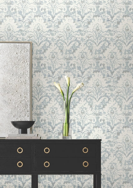 Velvet Crush Damask Blue & Pearl Wallpaper