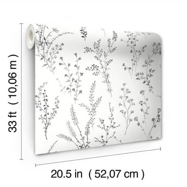 Wildflower Sprigs Black & White Wallpaper