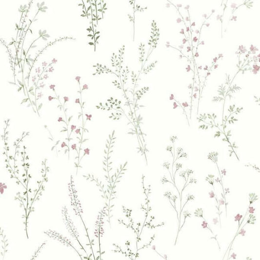 Wildflower Sprigs Pink & Green Wallpaper