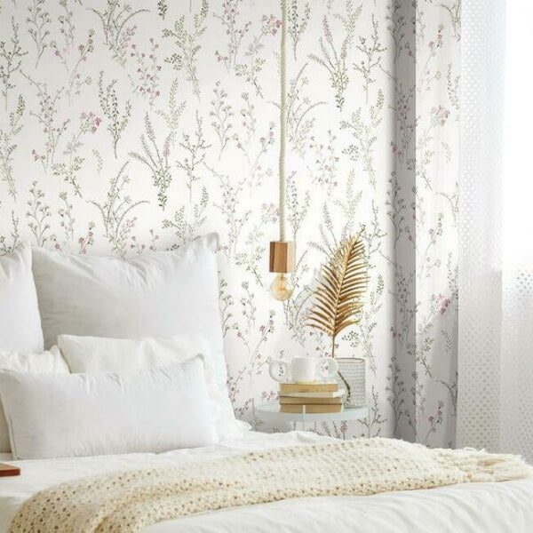 Wildflower Sprigs Pink & Green Wallpaper