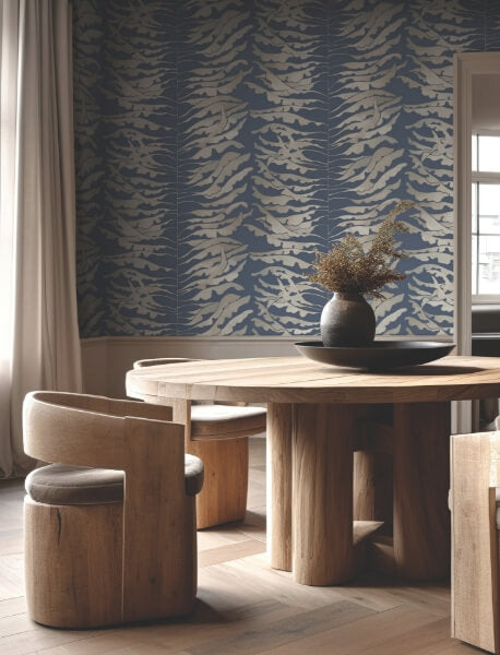 Leaf Column Navy Wallpaper