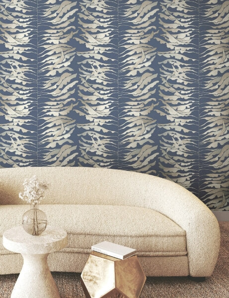 Leaf Column Navy Wallpaper