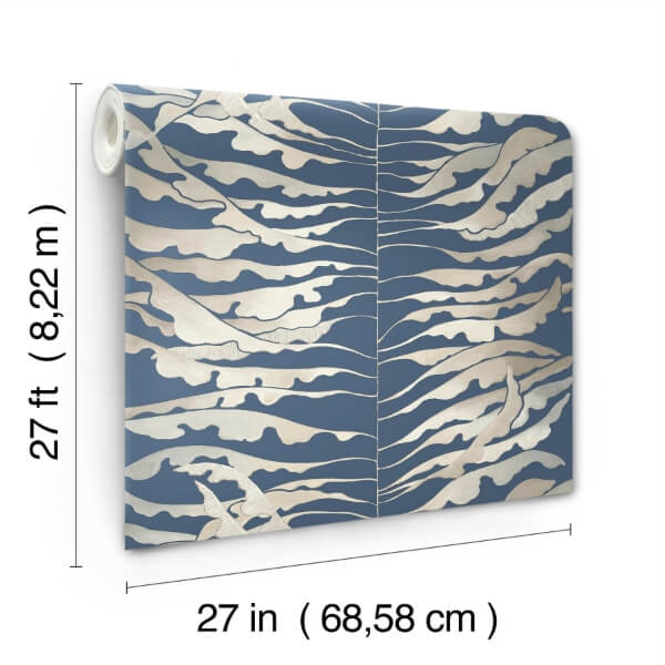 Leaf Column Navy Wallpaper