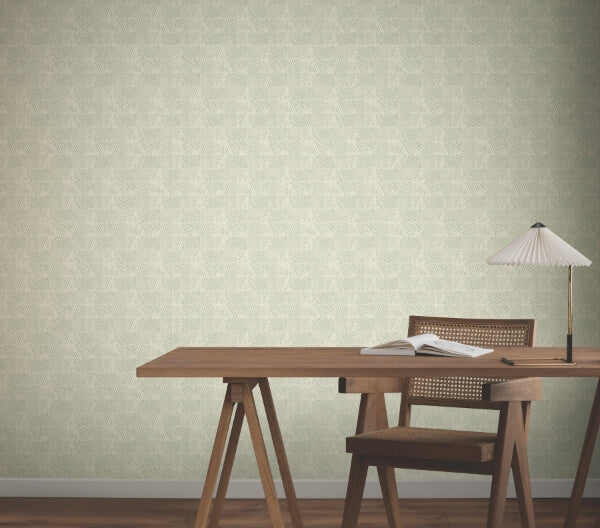 Woodcut Green & Stone Wallpaper