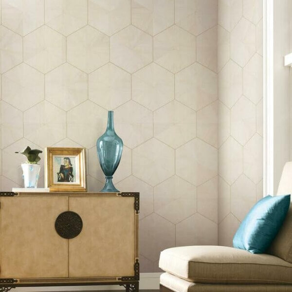 Hexagram Wood Veneer Off White Wallpaper