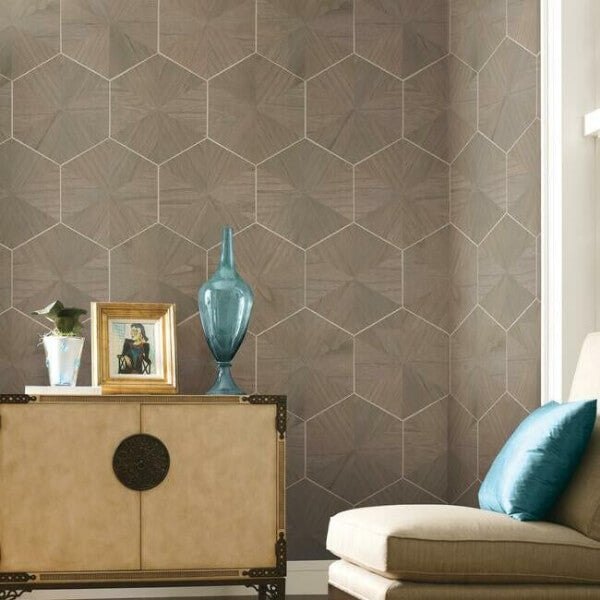 Hexagram Wood Veneer Brown Wallpaper