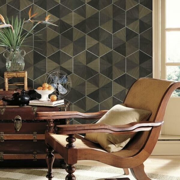 Hexagram Wood Veneer Brown & Black Wallpaper