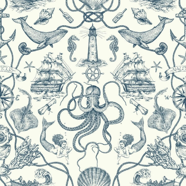 Deep Sea Toile Blue Wallpaper