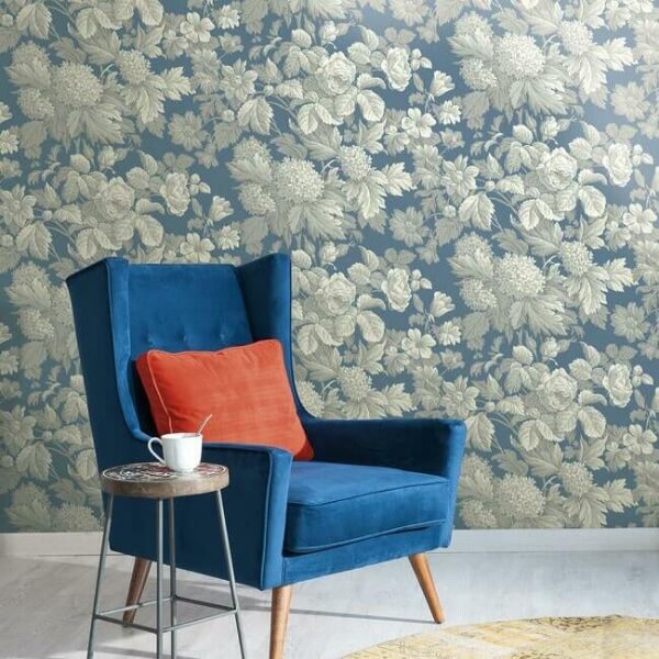 Antique Floral in Wedgewood Blue & Grey Wallpaper