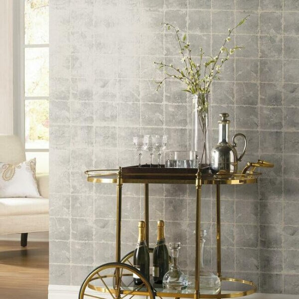 Metal Leaf Squares Black Wallpaper