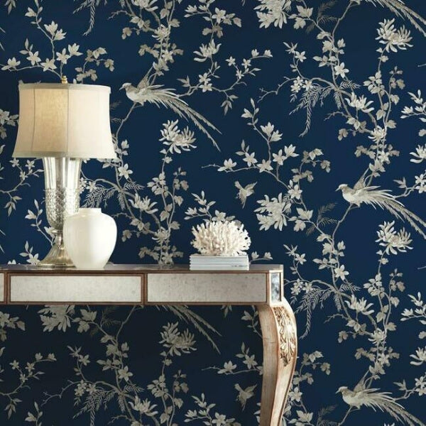 Bird & Blossom Chinoserie Blue Wallpaper