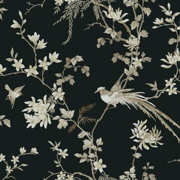 Bird & Blossom Chinoserie Black Wallpaper