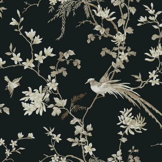 Bird & Blossom Chinoserie Black Wallpaper