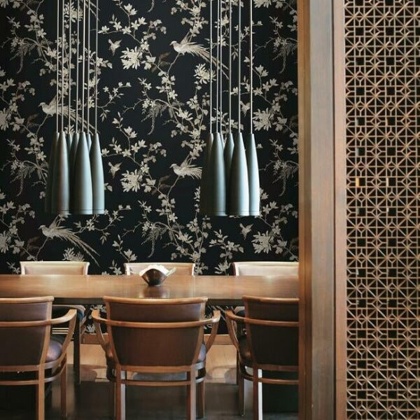 Bird & Blossom Chinoserie Black Wallpaper