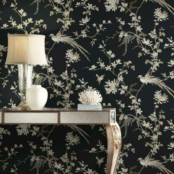 Bird & Blossom Chinoserie Black Wallpaper