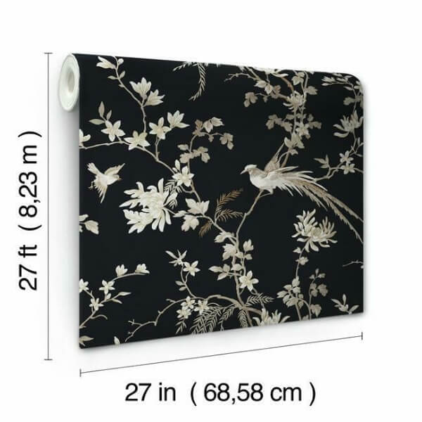 Bird & Blossom Chinoserie Black Wallpaper