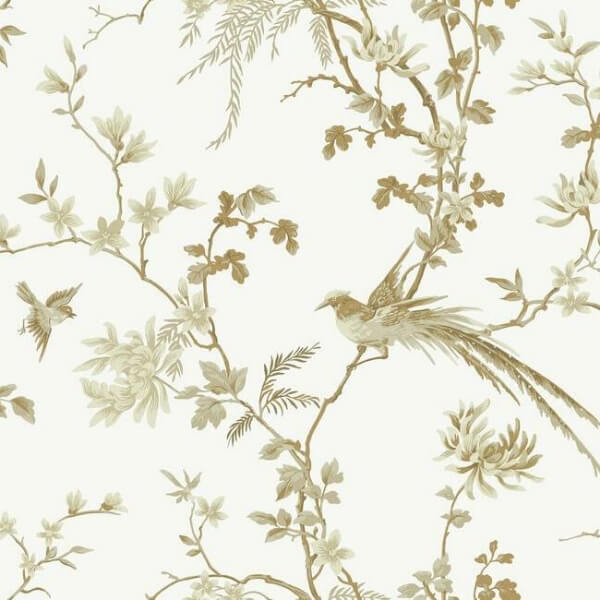 Bird & Blossom Chinoserie White & Gold Wallpaper