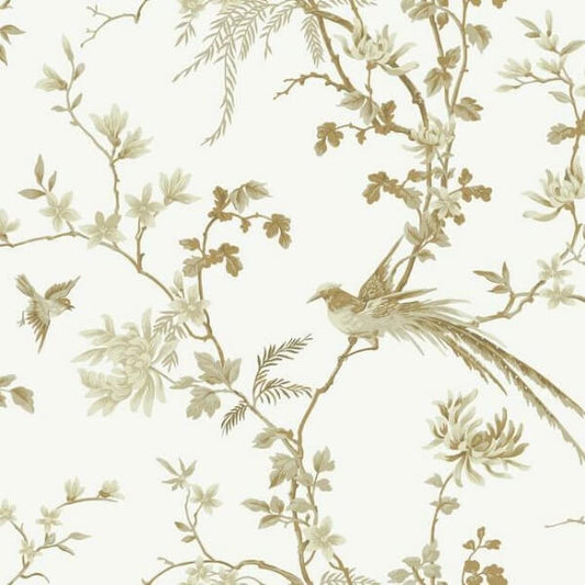 Bird & Blossom Chinoserie White & Gold Wallpaper