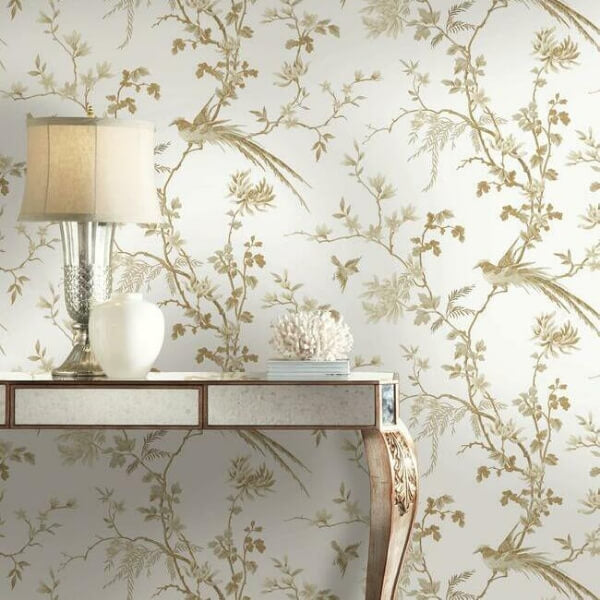 Bird & Blossom Chinoserie White & Gold Wallpaper