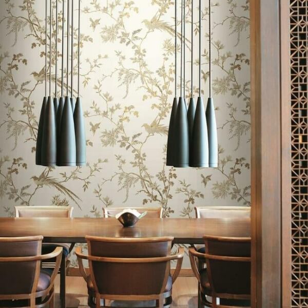 Bird & Blossom Chinoserie White & Gold Wallpaper