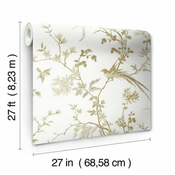 Bird & Blossom Chinoserie White & Gold Wallpaper