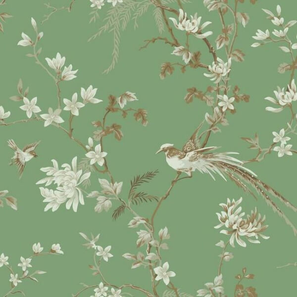 Bird & Blossom Chinoserie Green Wallpaper
