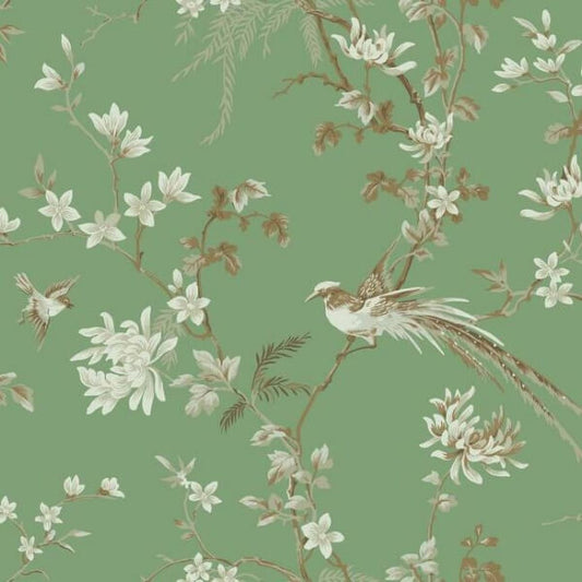 Bird & Blossom Chinoserie Green Wallpaper
