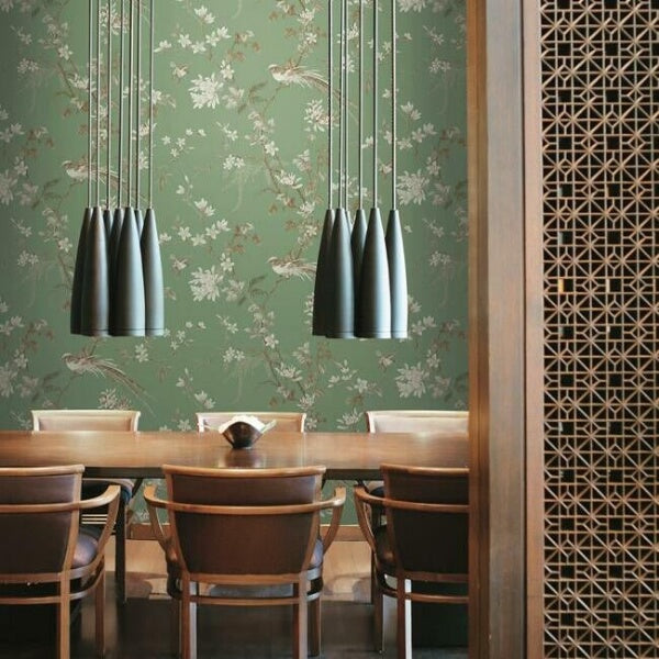 Bird & Blossom Chinoserie Green Wallpaper
