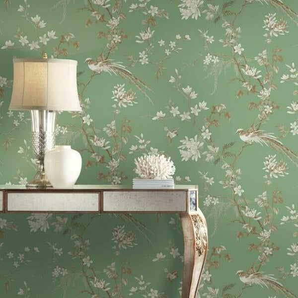 Bird & Blossom Chinoserie Green Wallpaper