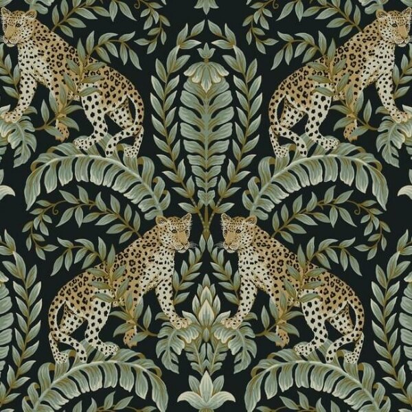 Jungle Leopard Black & Green Wallpaper