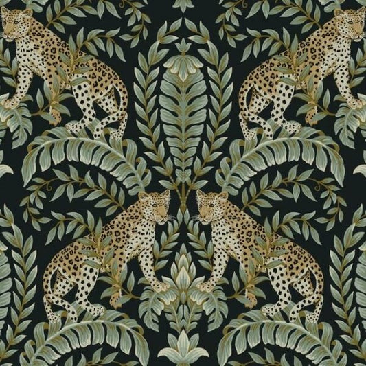 Jungle Leopard Black & Green Wallpaper