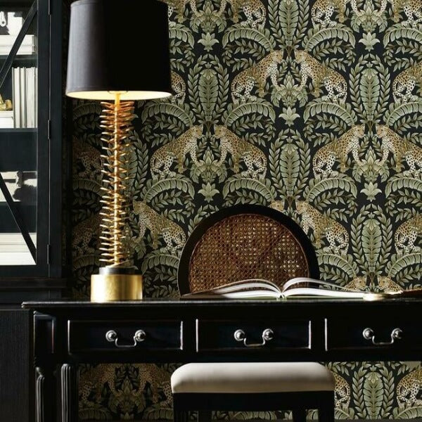 Jungle Leopard Black & Green Wallpaper