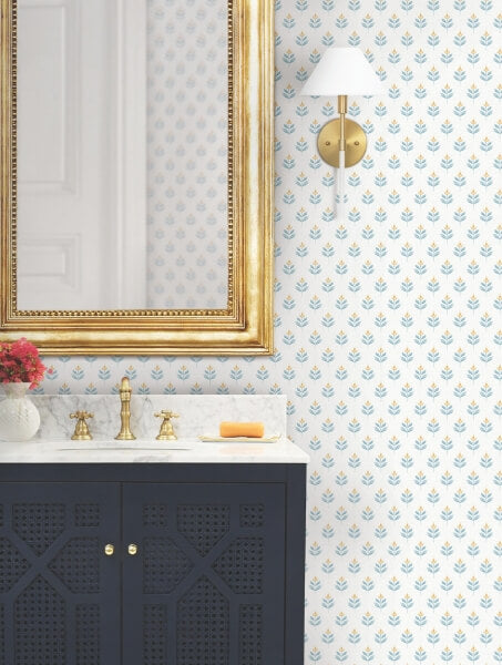 Serene Villa Teal Floral Stamp Wallpaper