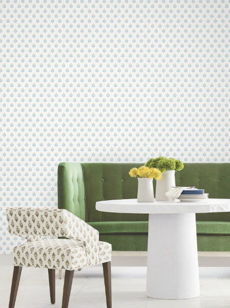 Serene Villa Teal Floral Stamp Wallpaper