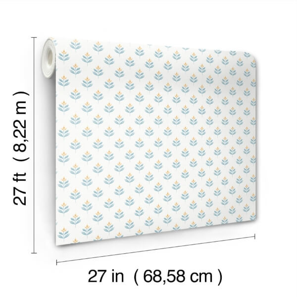 Serene Villa Teal Floral Stamp Wallpaper