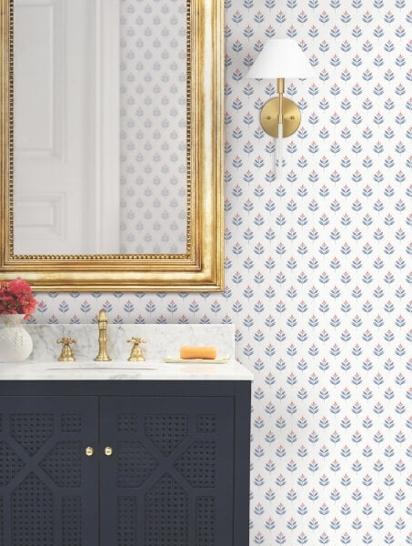 Serene Villa Red Floral Stamp Wallpaper