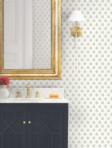 Serene Villa Pink Floral Stamp Wallpaper
