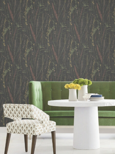 Meadow Splendor Black Botanical Wallpaper