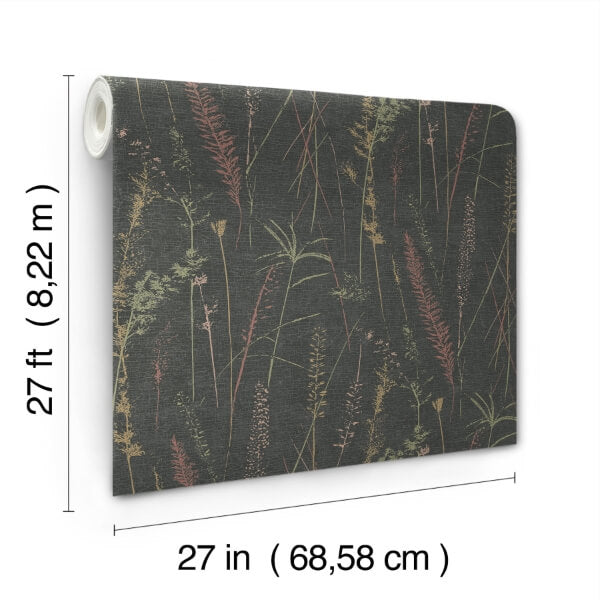 Meadow Splendor Black Botanical Wallpaper