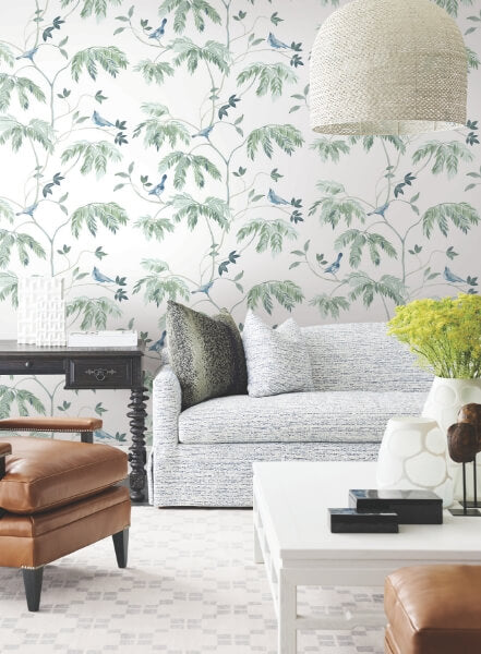Cillian Blue Botanical Bird Trail Wallpaper
