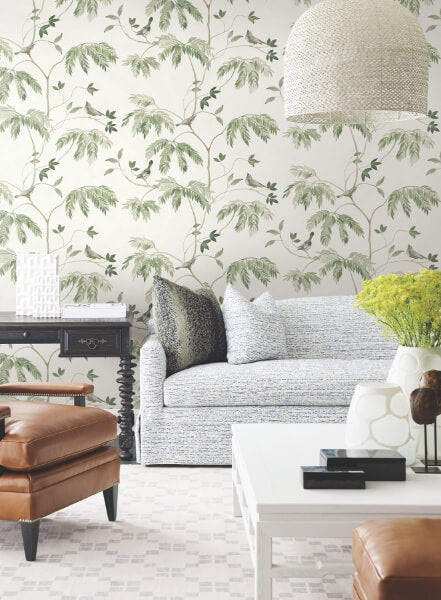 Cillian Dark Green Botanical Bird Trail Wallpaper
