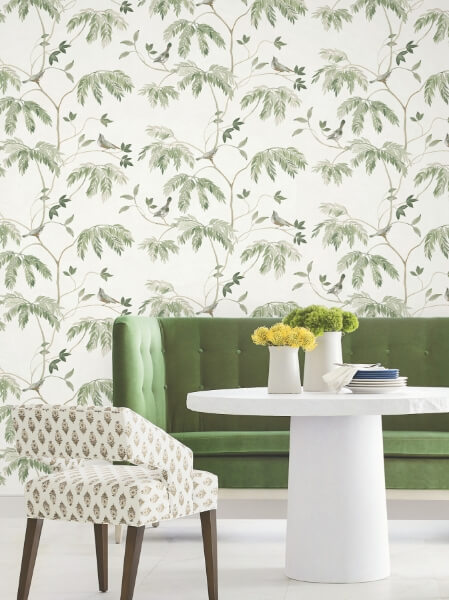 Cillian Dark Green Botanical Bird Trail Wallpaper